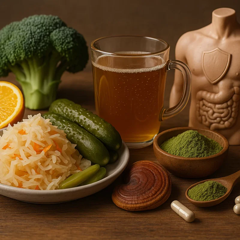 Zdravé potraviny pro podporu trávení a imunity – fermentované zelí, okurky, kombucha, brokolice, pomeranč, prášek matcha, houba reishi, doplňky stravy a model lidského trávicího systému.