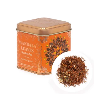 Rooibos na trávení v plechovce s detailem bylinné směsi s anýzem, fenyklem a mátou